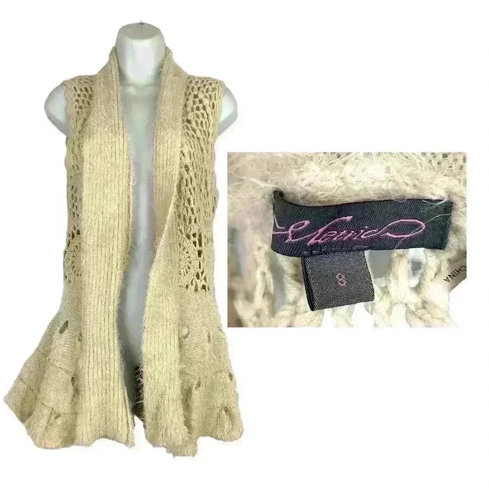 Tan Open Fuzzy Cardigan Top SMALL Women's Crochet Metric